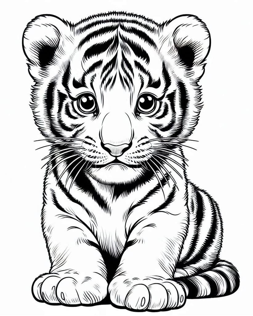 Desenho de Filhote de Tigre Realista para Colorir e Pintar