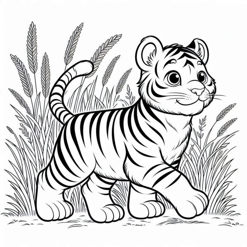 Desenho de um Filhote de Tigre Feliz para Colorir e Pintar