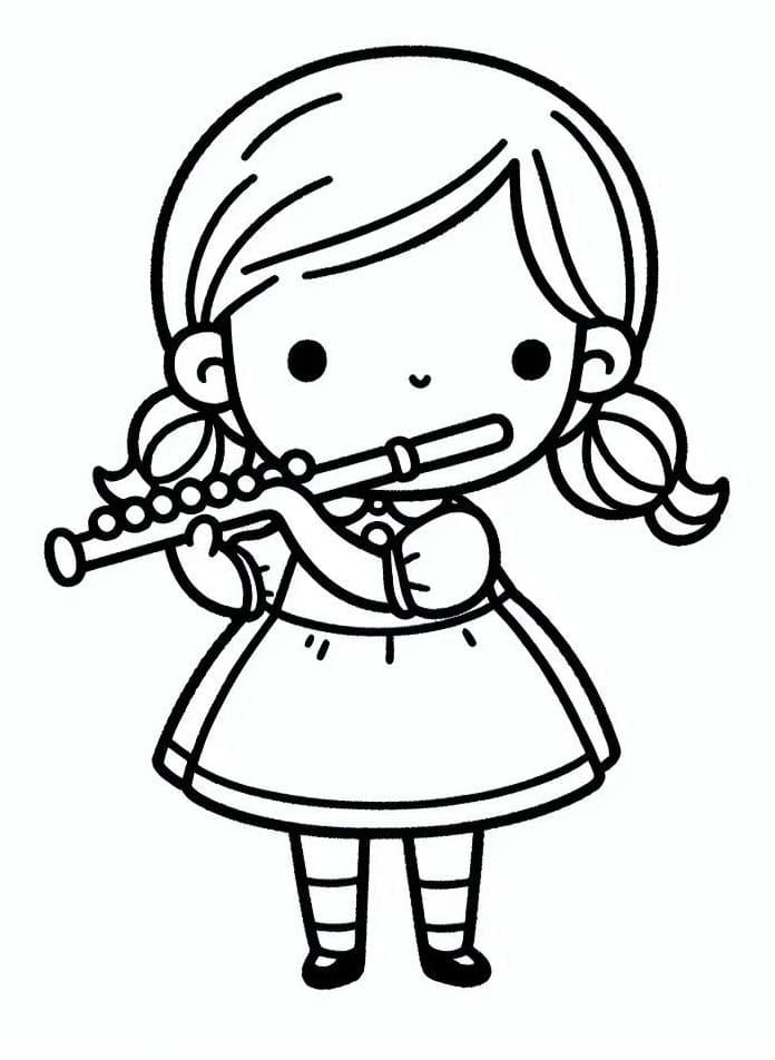Desenho de Menina Tocá Flauta para Colorir e Pintar