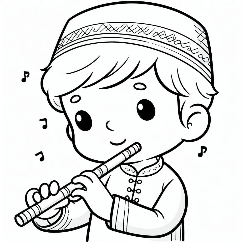 Desenho de Menino Tocá Flauta para Colorir e Pintar
