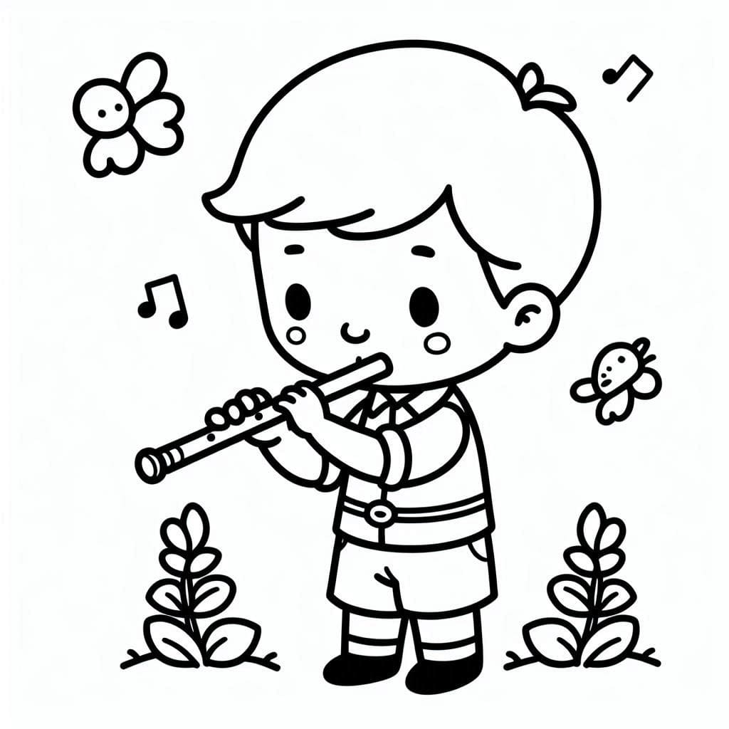 Desenho de um Menino Tocá Flauta para Colorir e Pintar