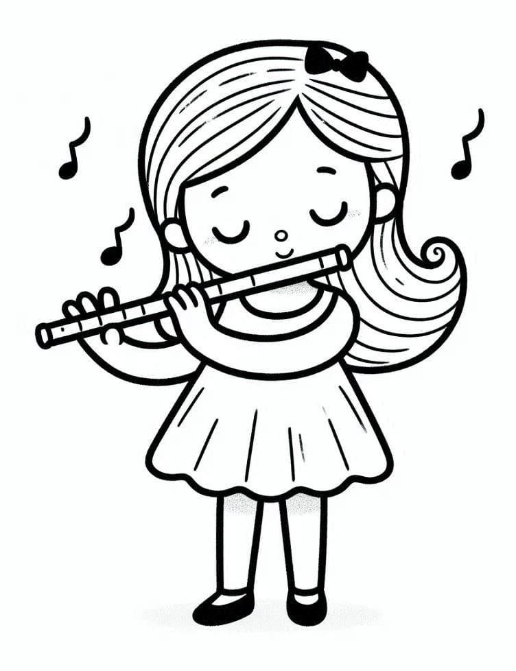 Desenho de uma Menina Tocá Flauta para Colorir e Pintar