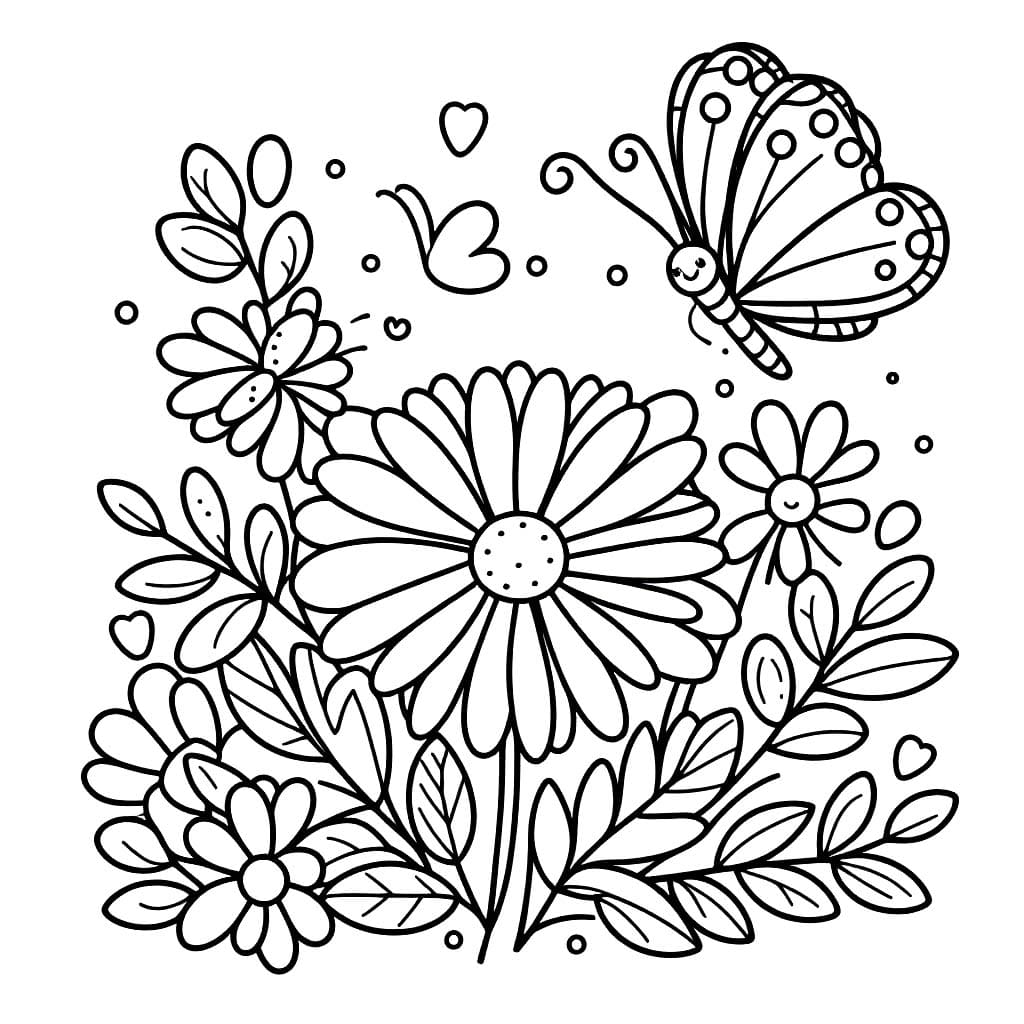 Desenho de Margarida e Borboleta para Colorir e Pintar