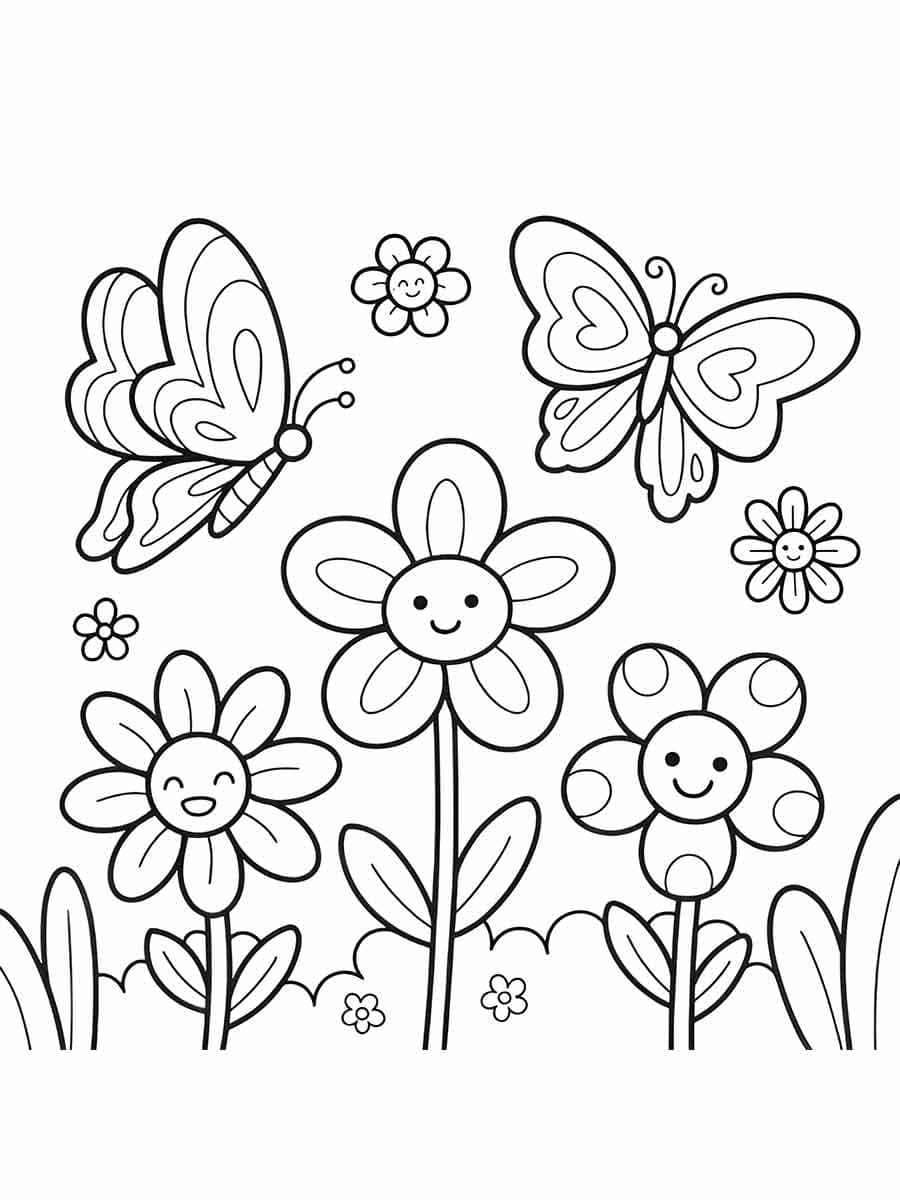 Desenho de Flores e Borboletas Fofas para Colorir e Pintar