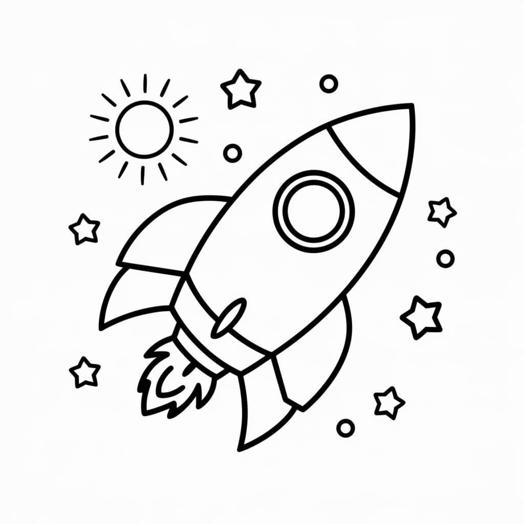Desenho de Foguete com Estrela e Sol para Colorir e Pintar