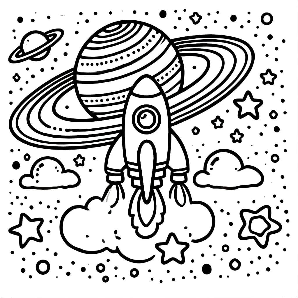 Desenho de Foguete e Saturno para Colorir e Pintar
