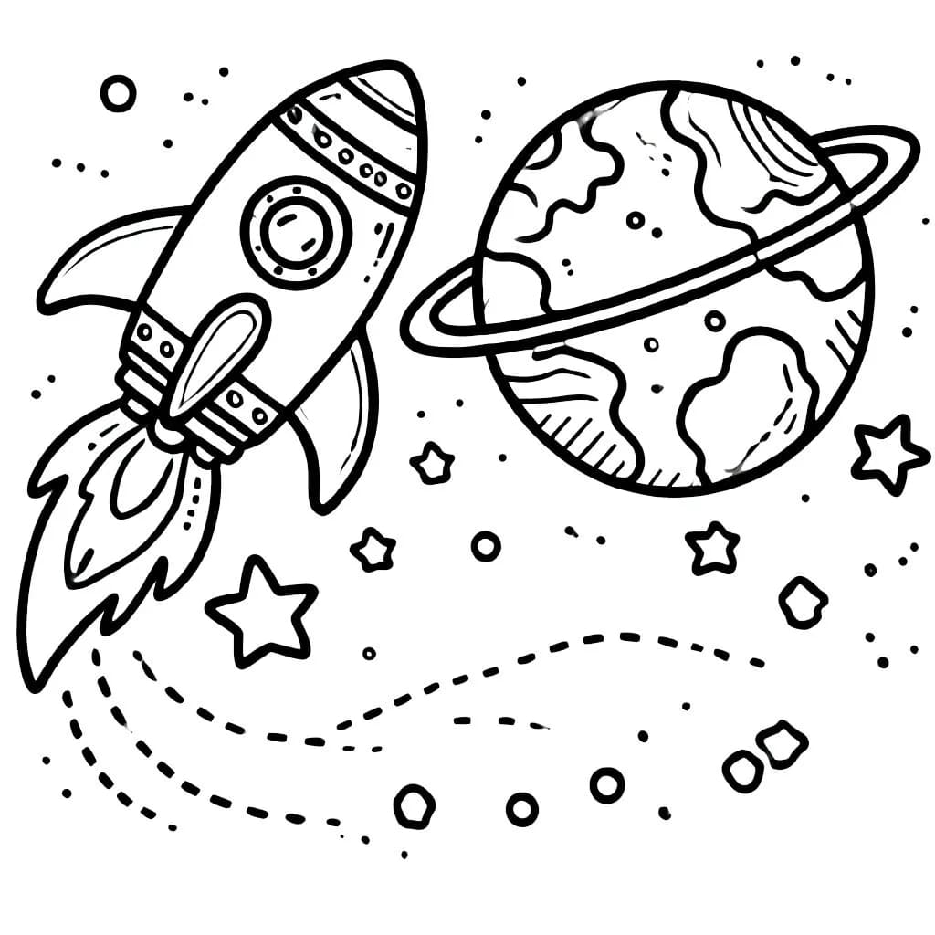 Desenho de Foguetes e Planetas para Colorir e Pintar