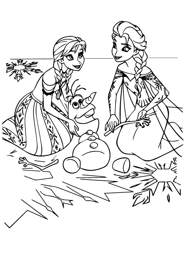 Desenho de Anna e Elsa Brincando com Olaf no Gelo para Colorir e Pintar