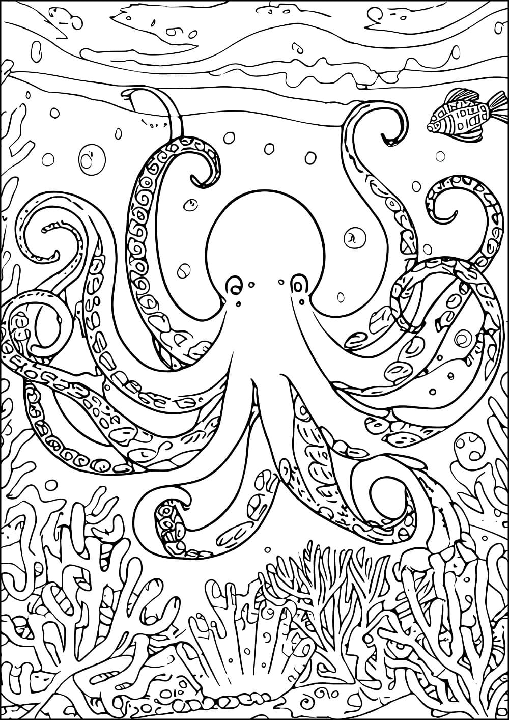 Desenho de Polvo sob o Fundo do Mar para Colorir e Pintar