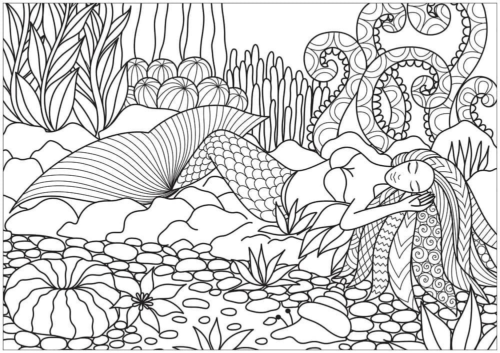 Desenho de Sereia sob o Fundo do Mar para Colorir e Pintar