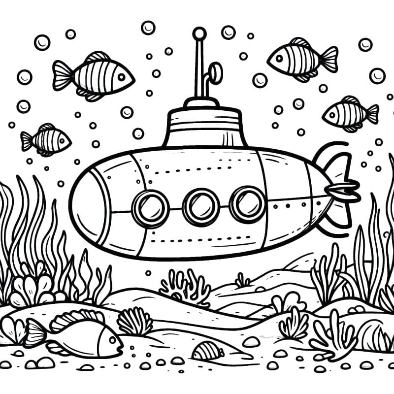 Desenho de Submarino sob o Fundo do Mar para Colorir e Pintar