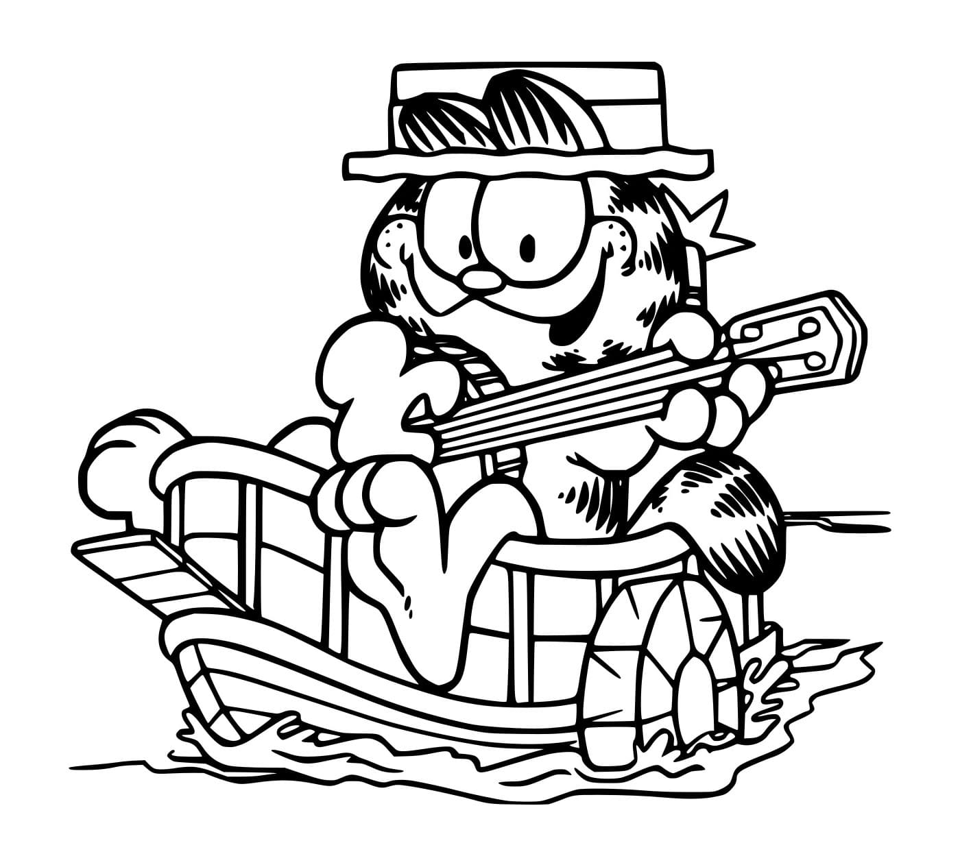 Desenho de Garfield em um Barco para Colorir e Pintar