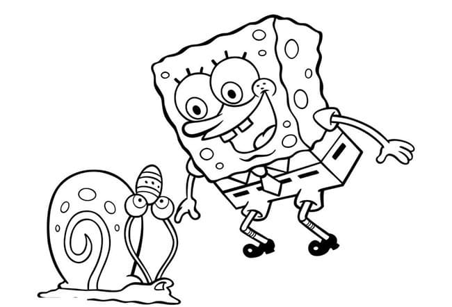 Desenho de Gary Caracol com Bob Esponja para Colorir e Pintar