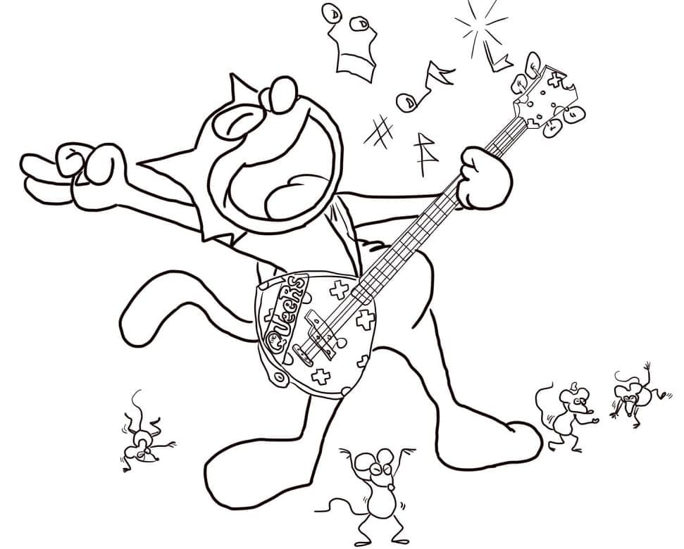 Desenho Gato Félix Tocando Violão para Colorir e Pintar