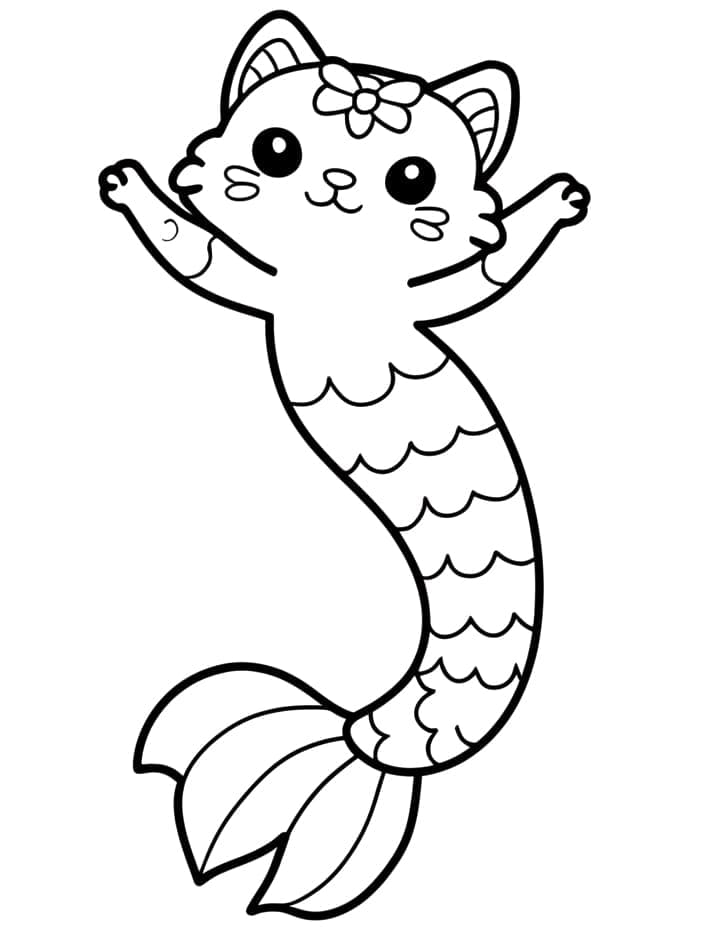 Desenho de Adorável Gato Sereia para Colorir e Pintar