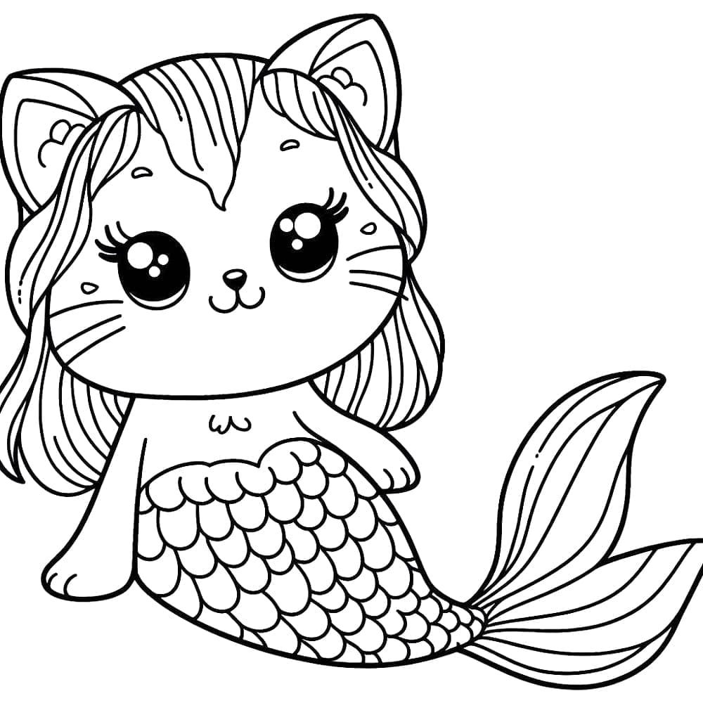 Desenho de Gata Sereia Fofa para Colorir e Pintar