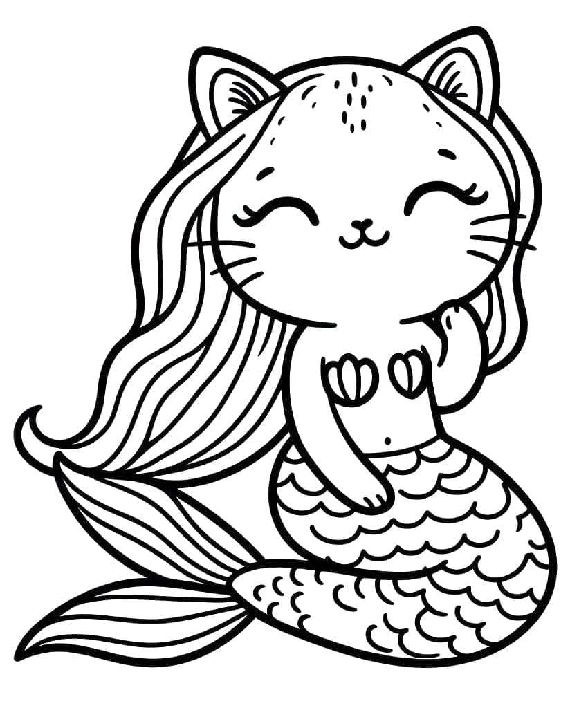 Desenho de Gatinha Sereia Muito Fofa para Colorir e Pintar