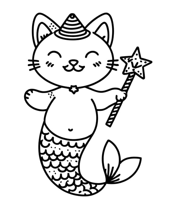 Desenho de Gato Sereia Feliz para Colorir e Pintar