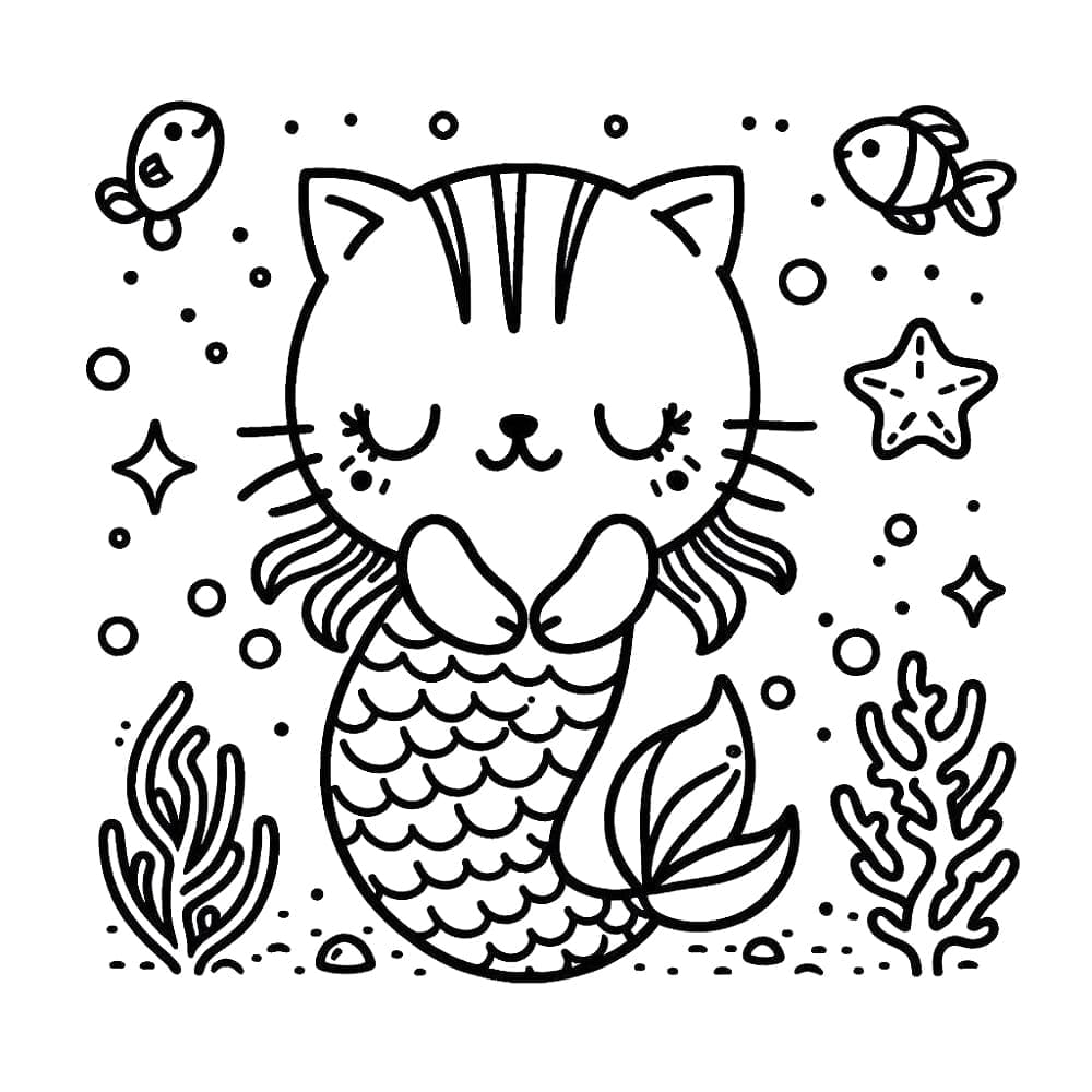 Desenho de Gato Sereia Grátis para Colorir e Pintar