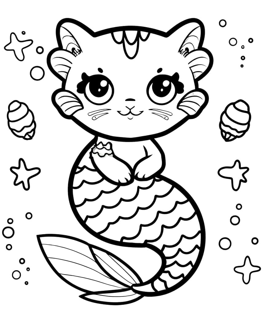 Desenho de Gato Sereia Imprimivel para Colorir e Pintar
