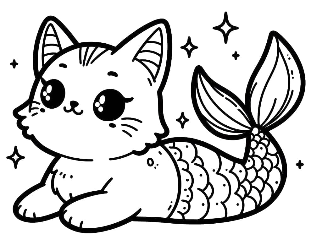 Desenho de Gato Sereia Kawaii para Colorir e Pintar