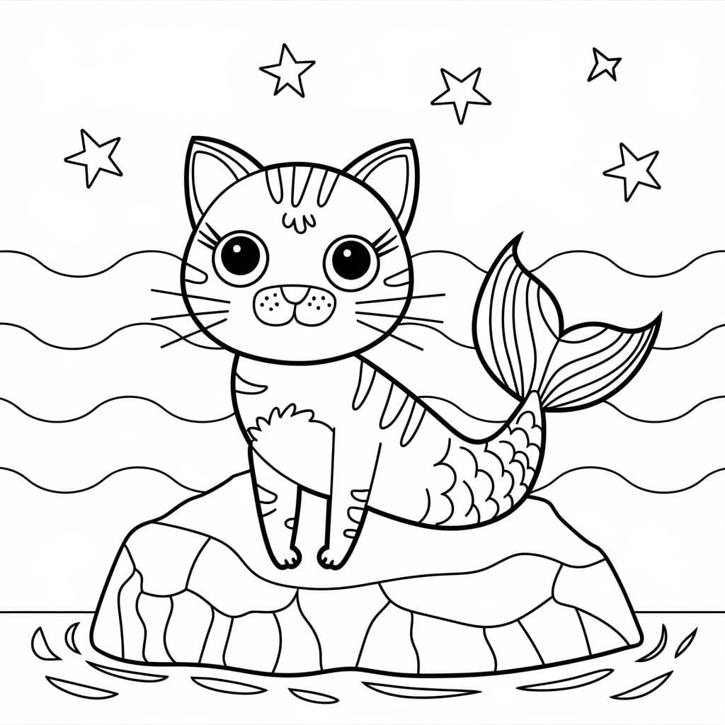 Desenho de Gato Sereia para Crianças de 2 Ano para Colorir e Pintar