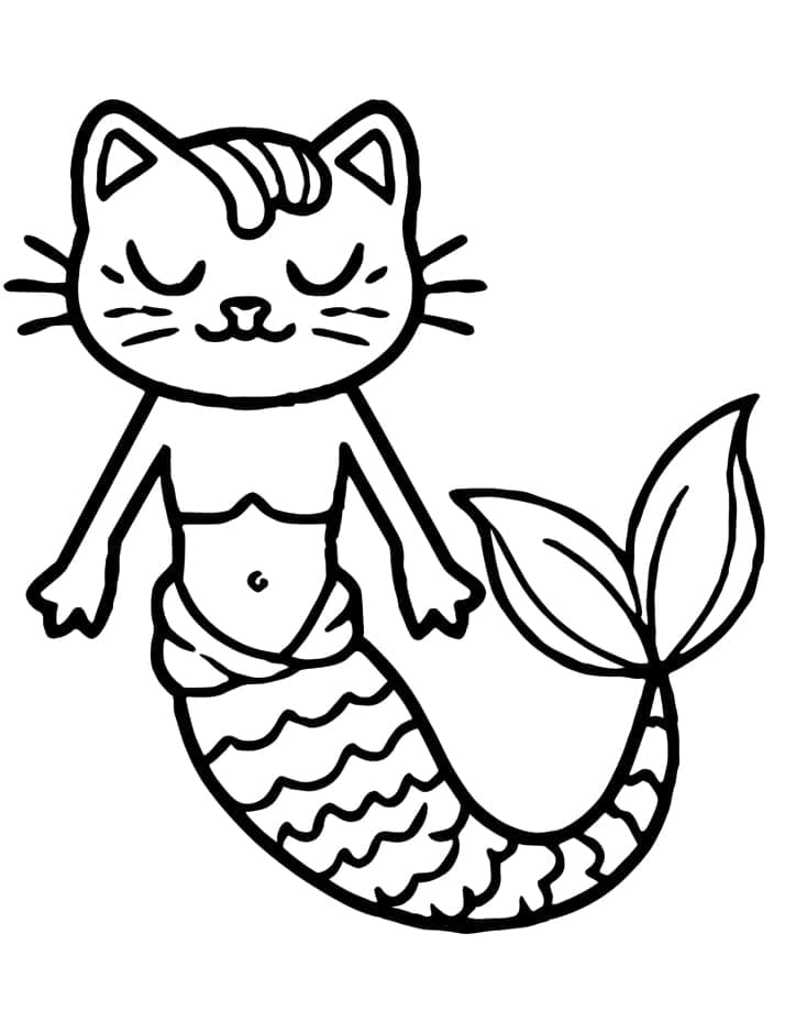 Desenho de Gato Sereia Sorridente para Colorir e Pintar