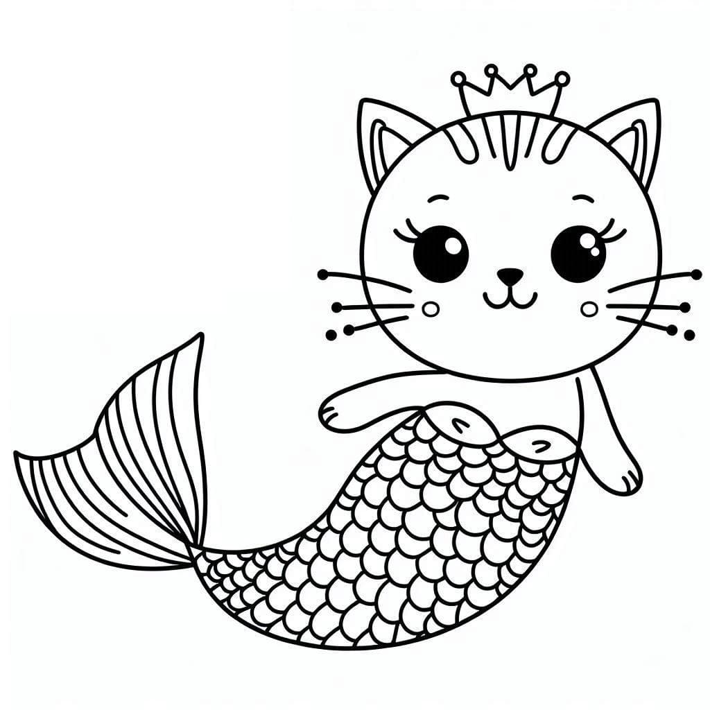 Desenho de Gato Sereia com Corôa para Colorir e Pintar