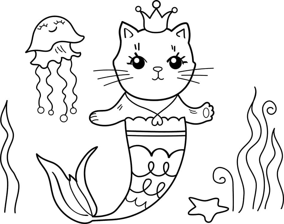 Desenho de Linda Gata Sereia para Colorir e Pintar