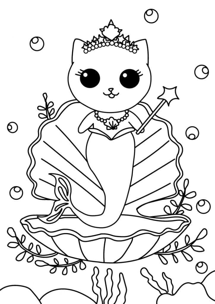 Desenho de uma Gata Sereia Fofa para Colorir e Pintar