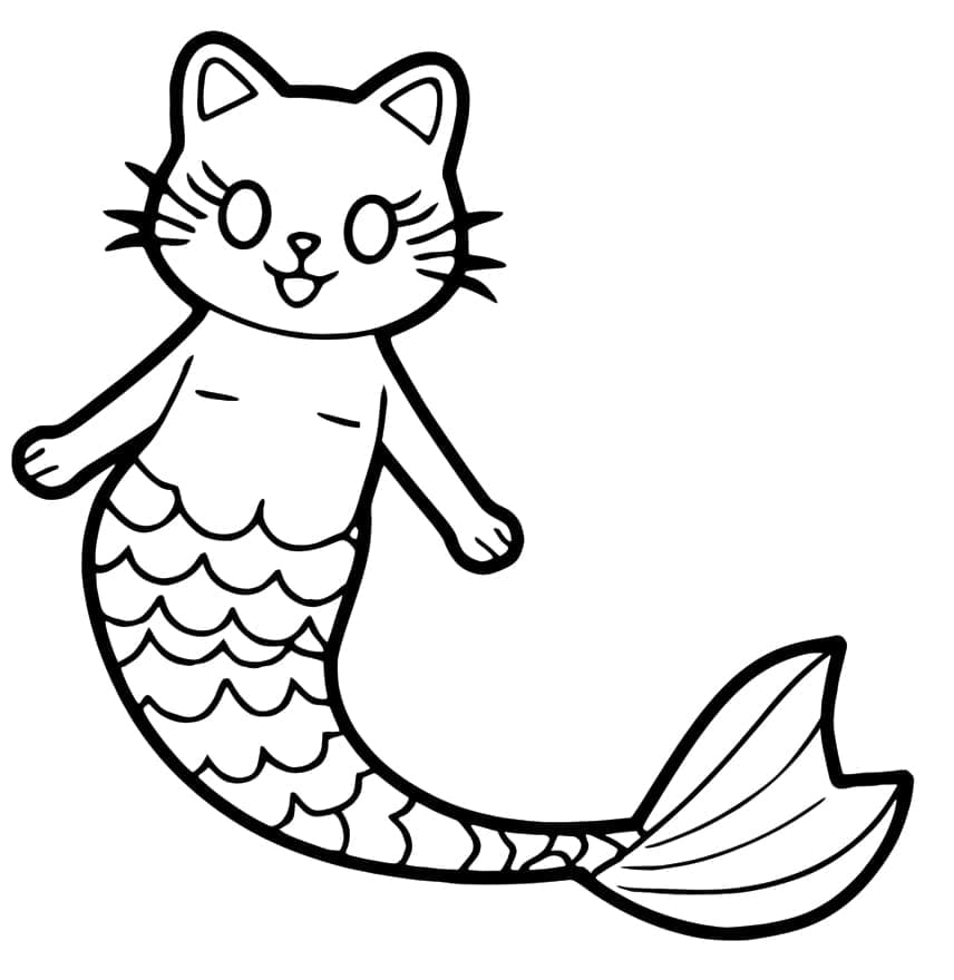 Desenho de uma Gatinha Sereia Fofa para Colorir e Pintar