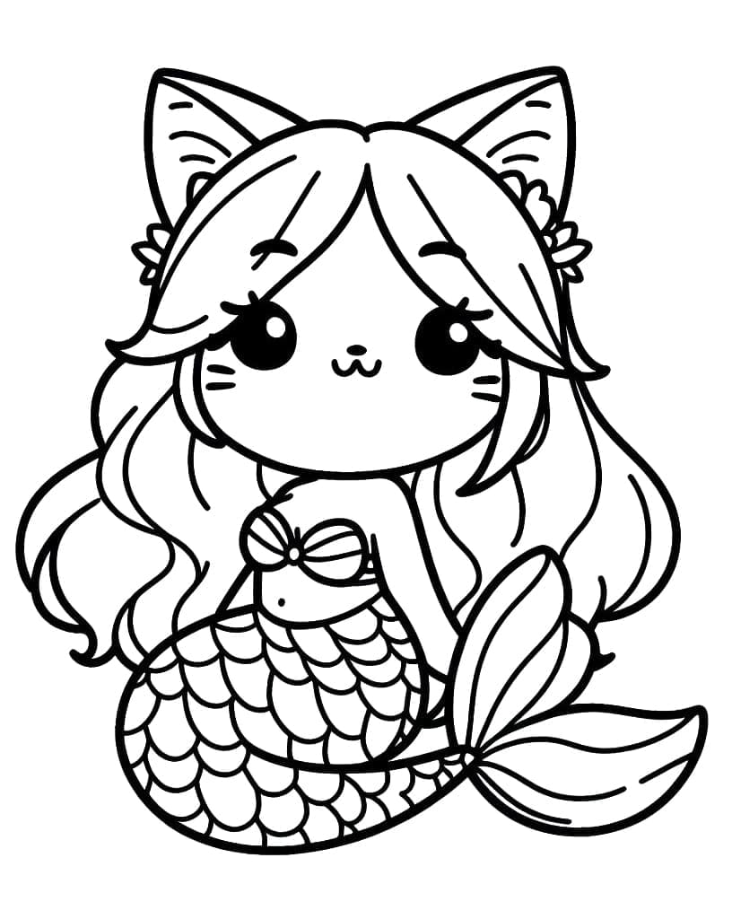 Desenho de uma Gatinha Sereia Muito Fofa para Colorir e Pintar