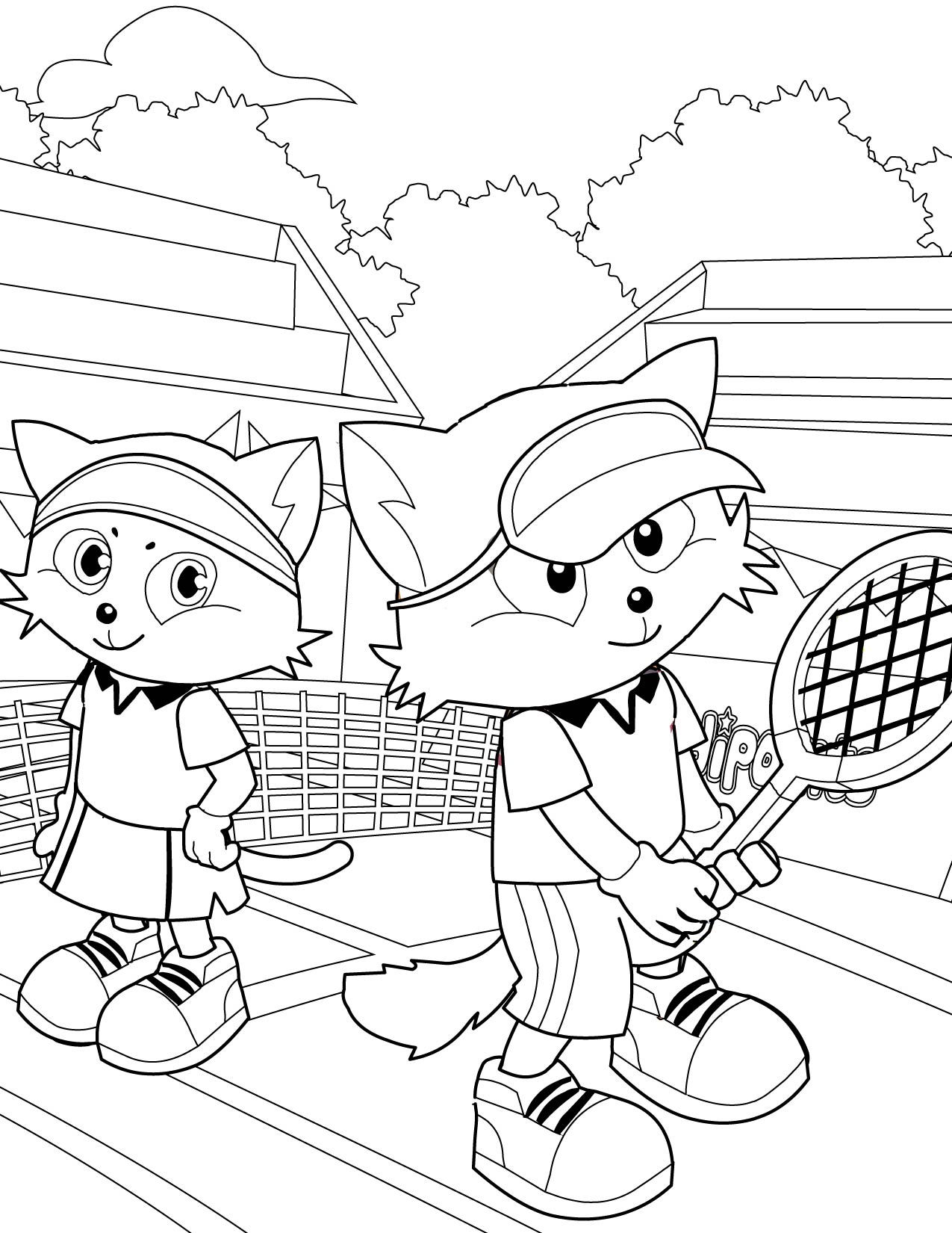 Desenho de Dois Gatos Jogadores de Tênis para Colorir e Pintar