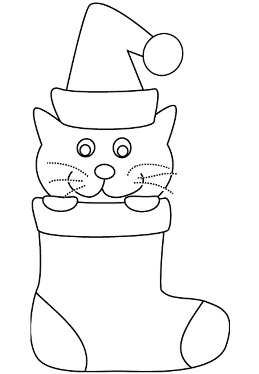 Desenho de Gatinho Sê Escondendo em Meia de Natal para Pintar