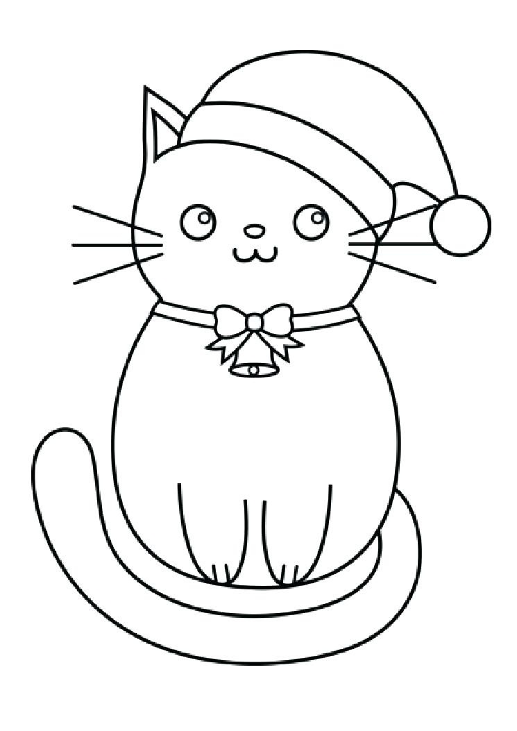 Desenho de Gato com Gorro de Natal para Pintar e Imprimir