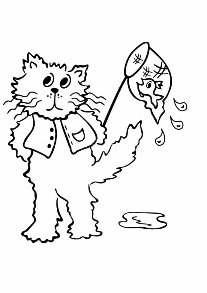 Desenho de Gato com um Peixe para Colorir e Pintar