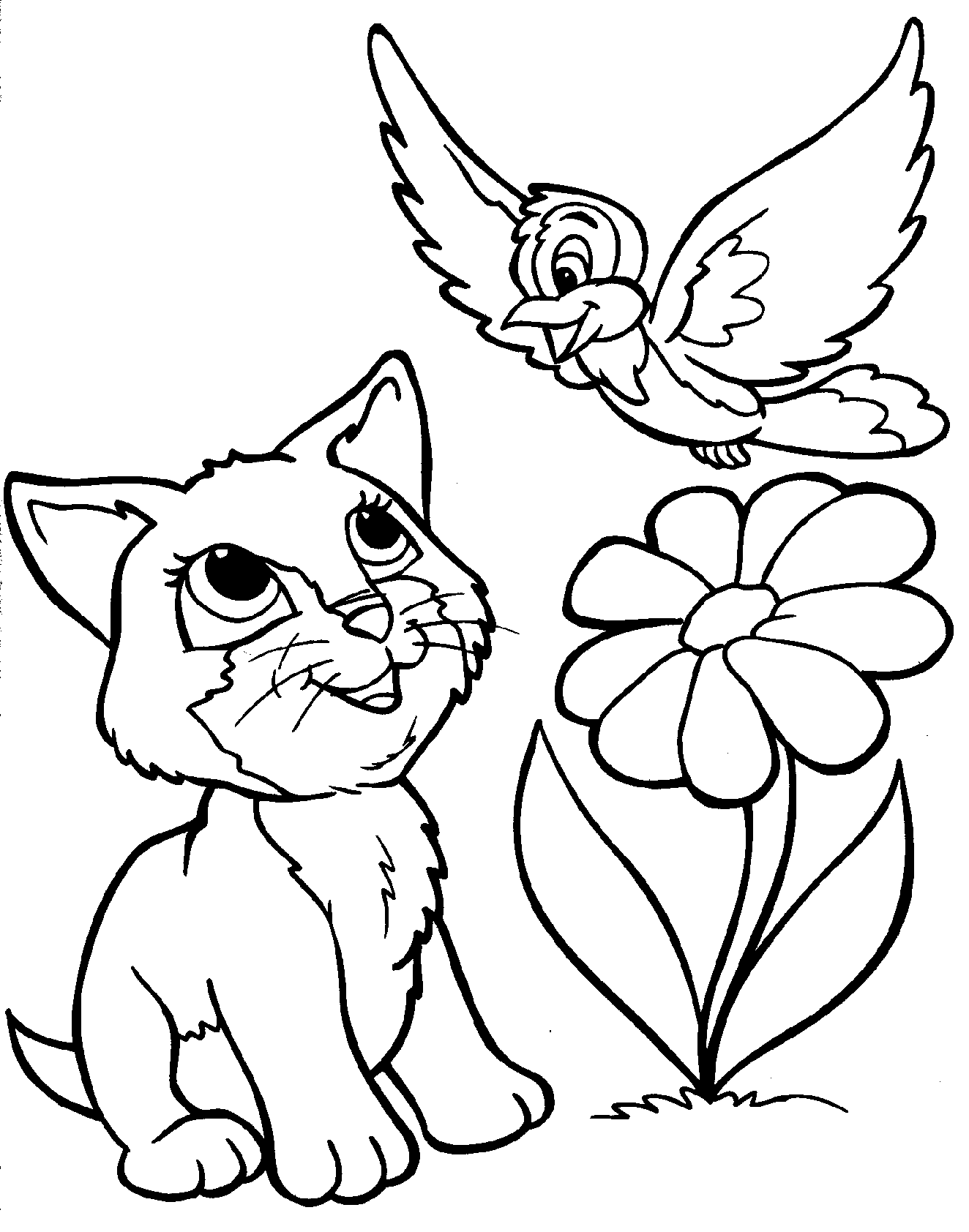 Desenho de Gato e Pássaro Brincando no Jardim para Colorir e Pintar
