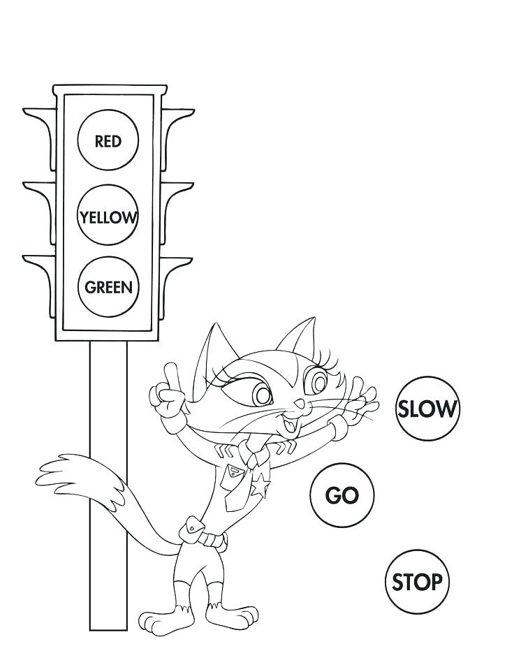 Desenho de Gato e Semáforo de Trânsito para Colorir e Pintar