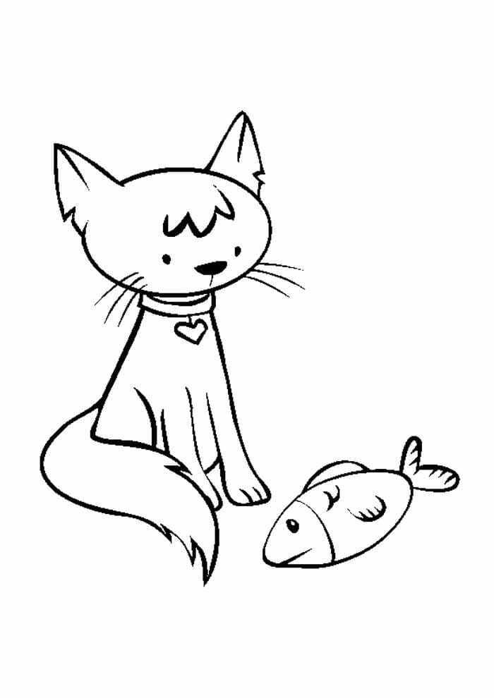 Desenho de Gato e um Peixe para Colorir e Pintar