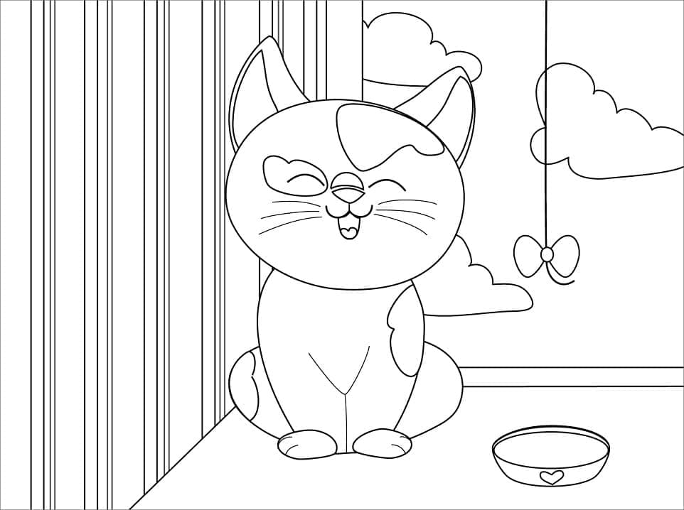 Desenho de Gato Esperando a Hora de Comer para Colorir e Pintar