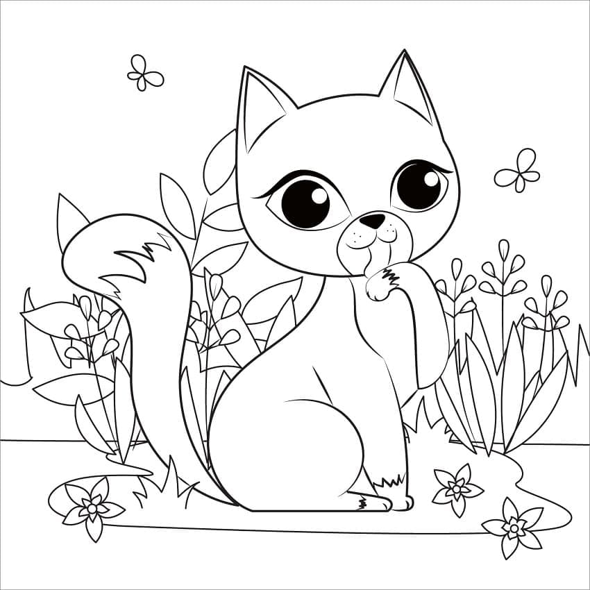 Desenho de Gato Muito Fofo no Jardim para Colorir e Pintar