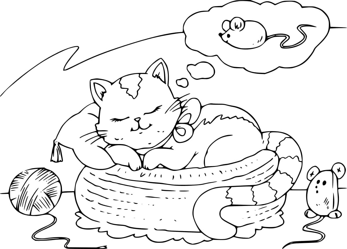 Desenho de Gato Sonhando para Colorir e Pintar