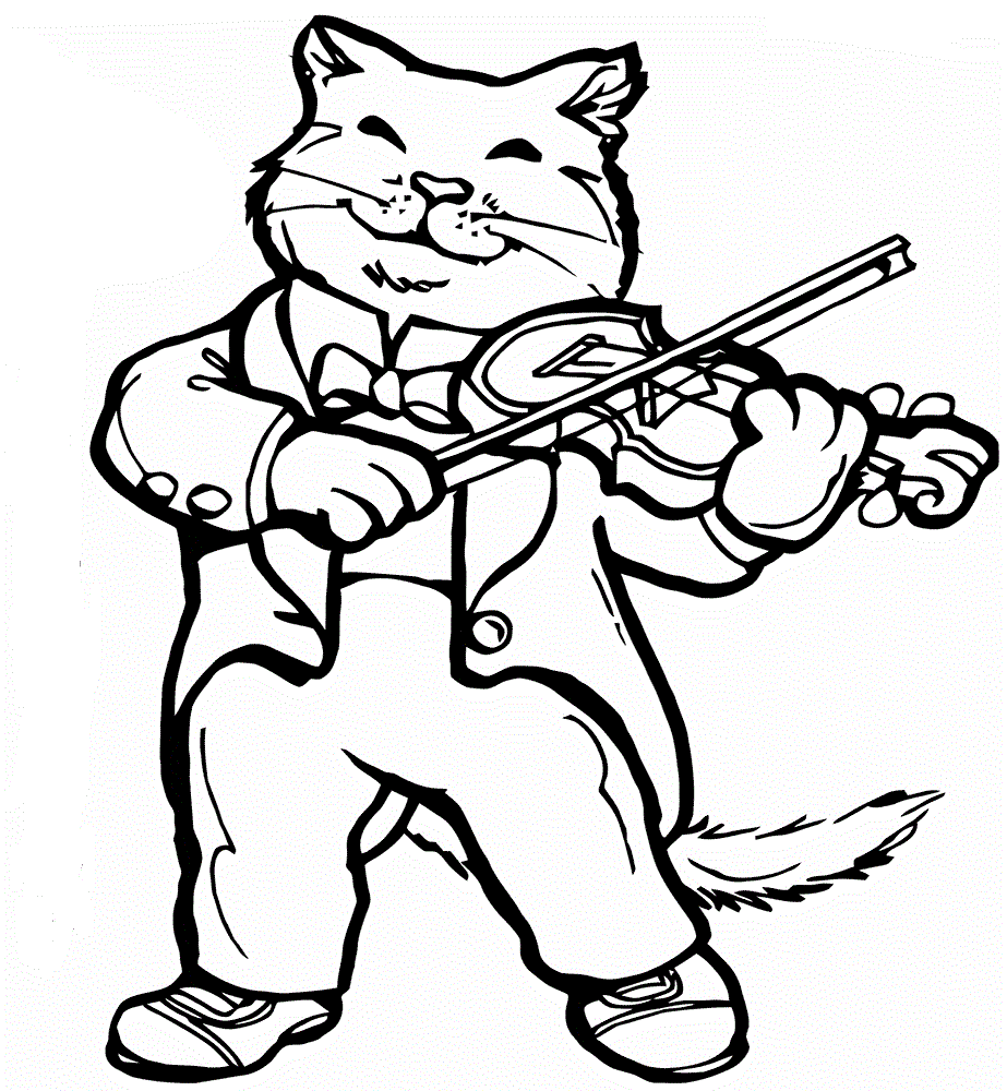 Desenho de Gato Tocando Violino em Apresentação para Colorir e Pintar