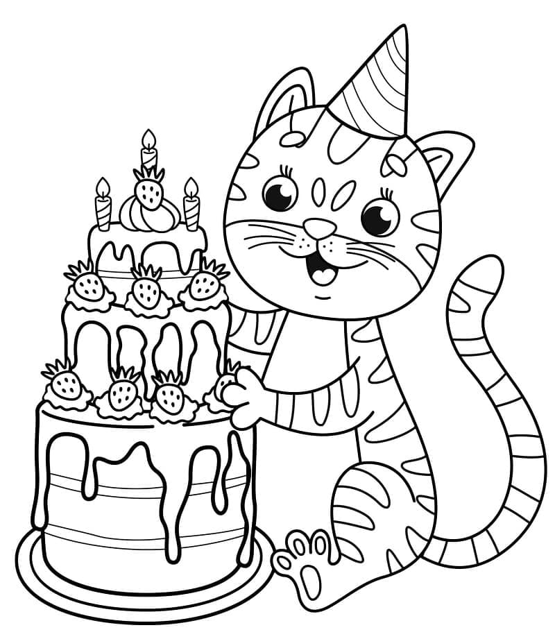 Desenho Gato e Bolo de Aniversário para Colorir e Pintar