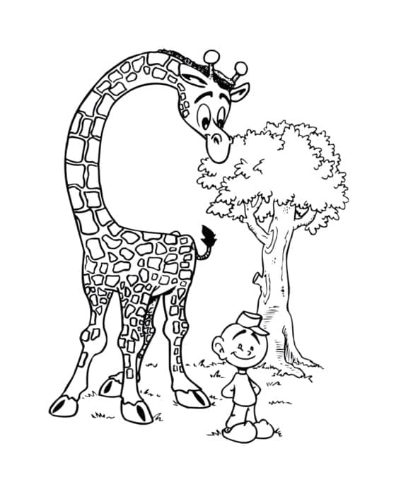 Desenho de Girafa e Menino para Colorir e Pintar