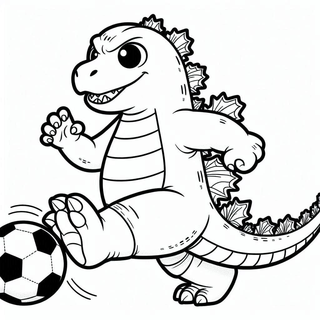 Desenho de Godzilla Fofo Jogando Futebol para Colorir e Pintar