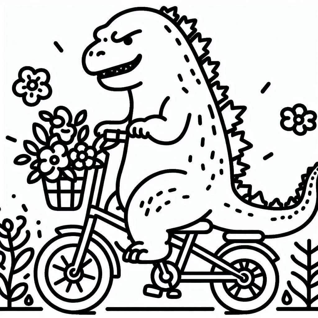 Desenho de Godzilla Fofo em uma Bicicleta para Colorir e Pintar