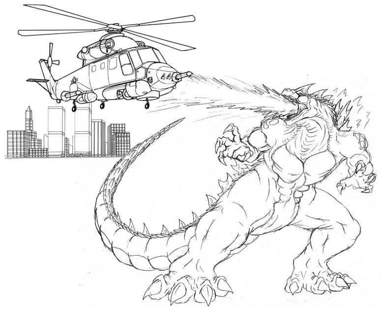 Desenho de Godzilla Atacando Helicóptero para Colorir e Pintar