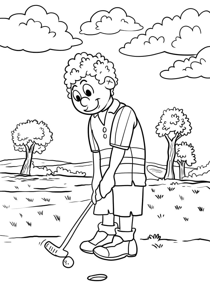 Desenho de Garoto Jogando Golfe no Parque para Pintar em Pdf Grátis