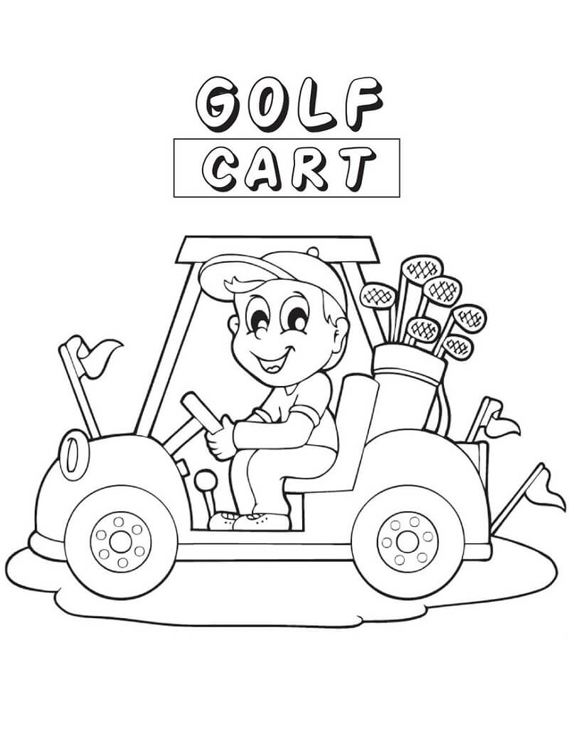 Desenho de Menino Comcarrinho de Golfe para Colorir e Pintar